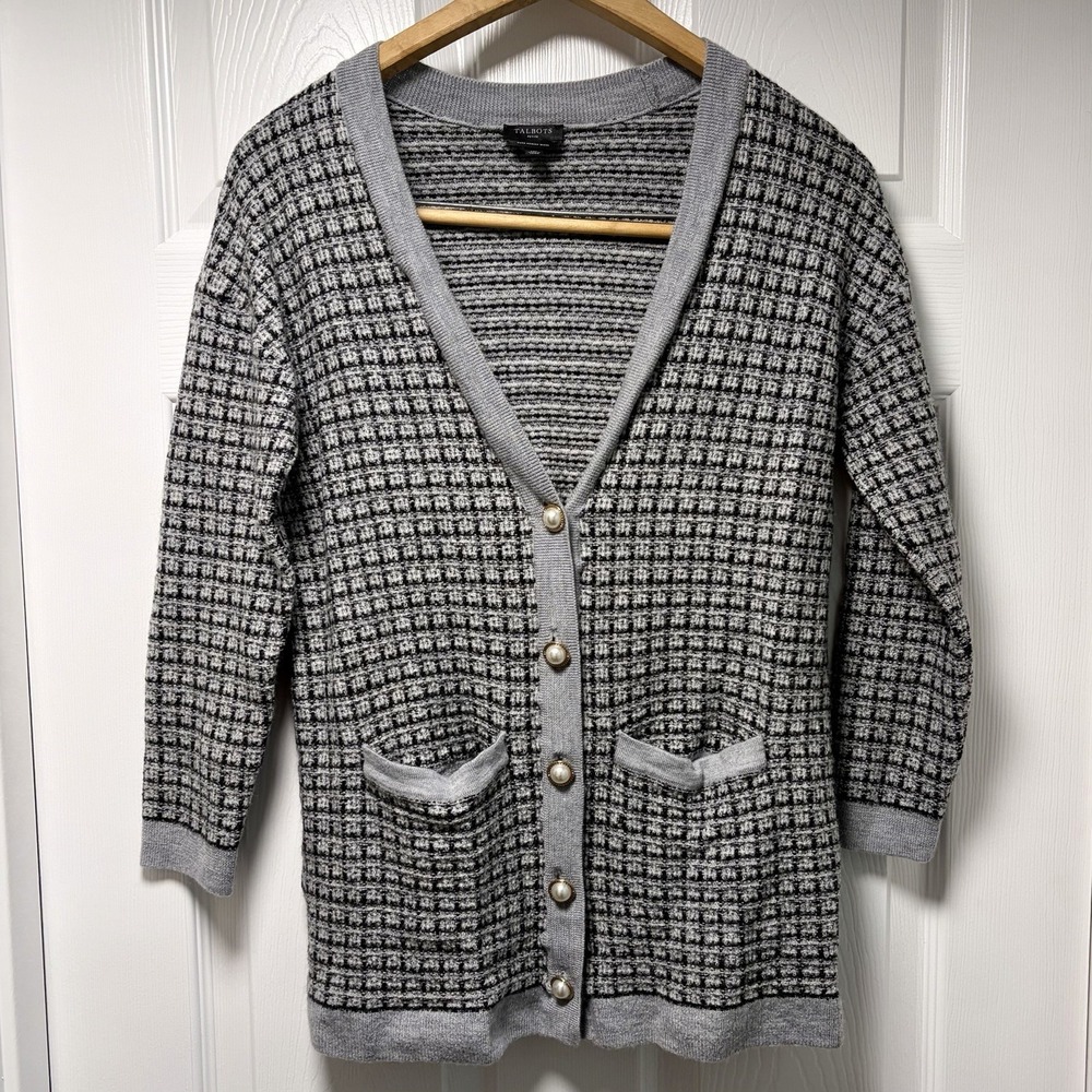Talbots Merino Wool Pearl Button Long Cardigan PETITE M Grey Old Money Academia